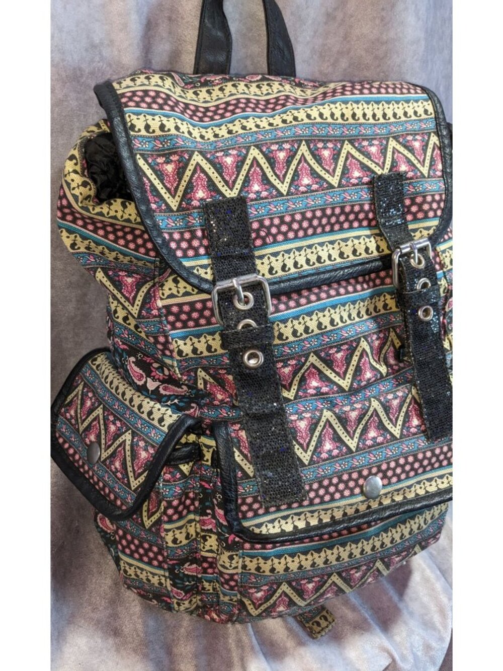 Boho Vintage Candie's Tribal Print Canvas Backpack Faux Leather Festival Bag
